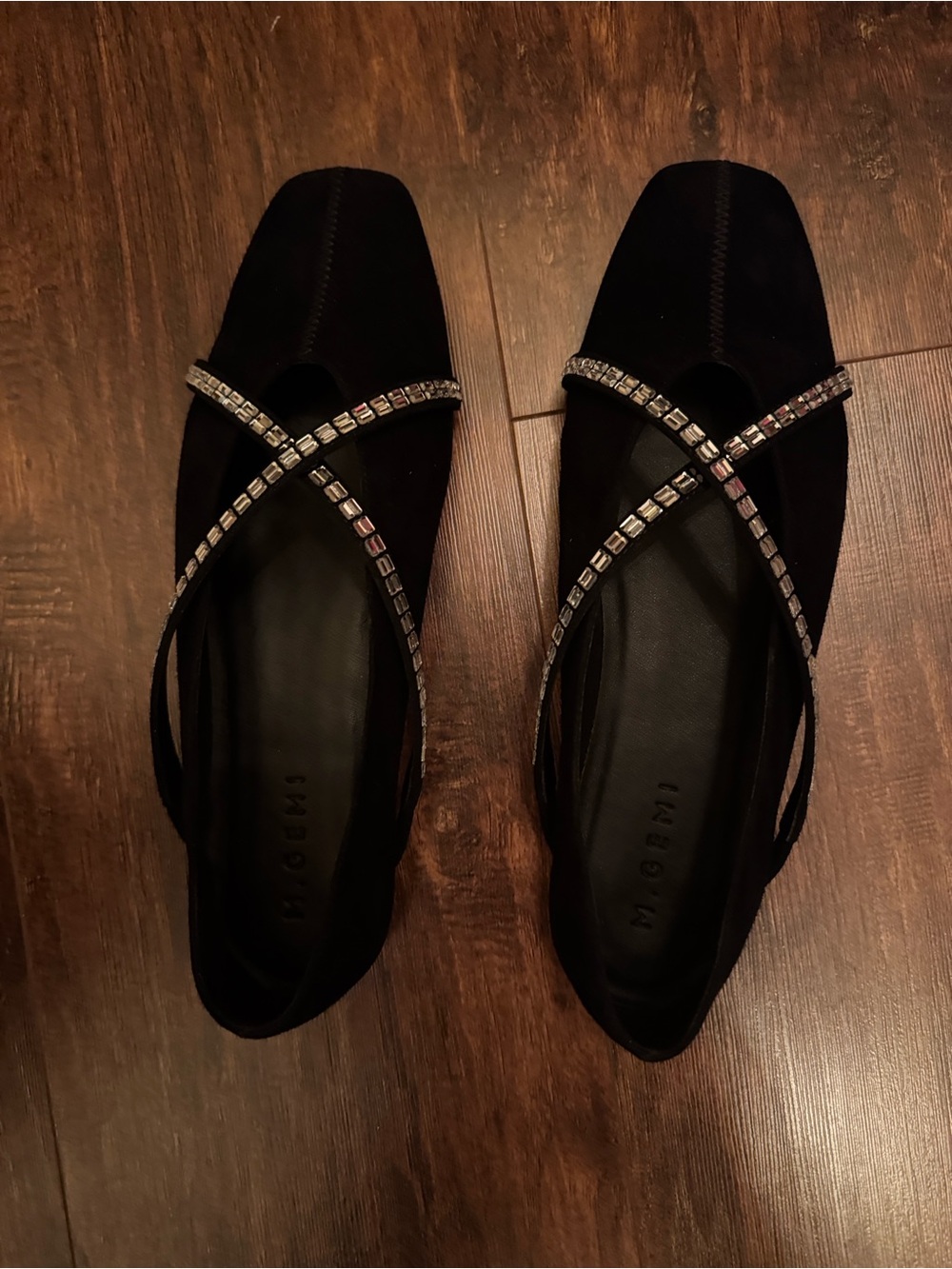 M. Gemi Black Suede Flats with Crystal Cross-Straps